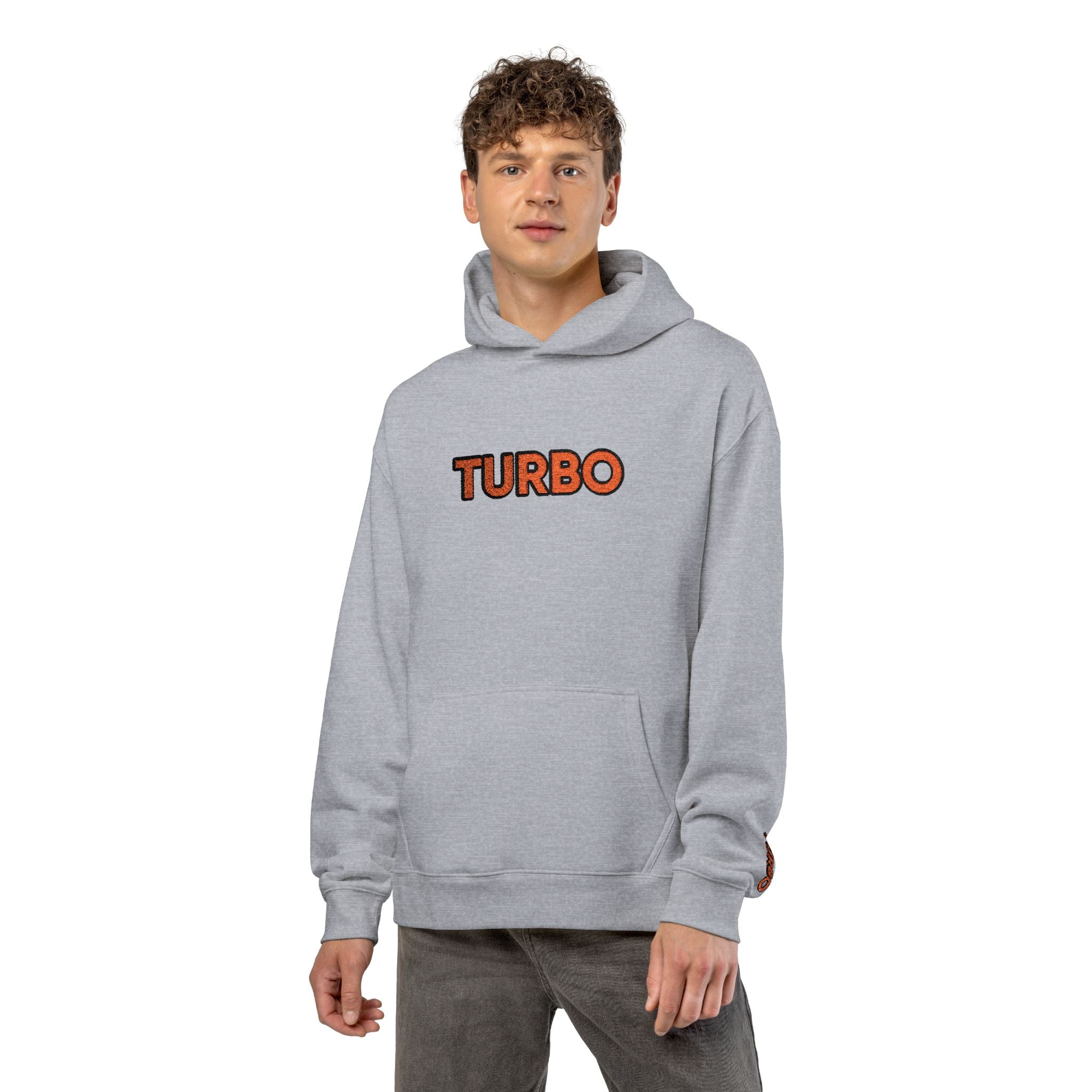 Turbo Graphic Hoodie — Retro Orange Text Pullover
