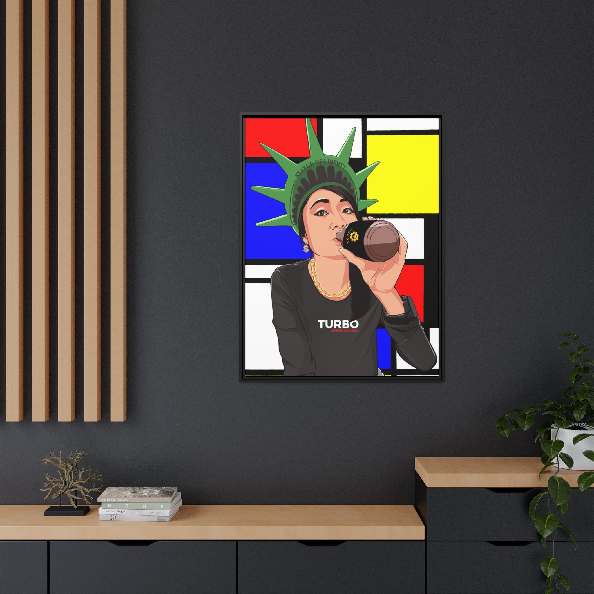 Framed Matte Canvas Art - Statue of Liberty Style with Turbo Text