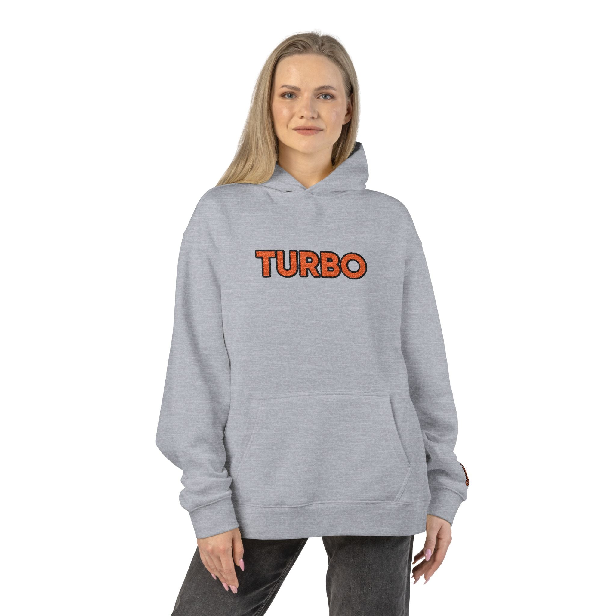 Turbo Graphic Hoodie — Retro Orange Text Pullover
